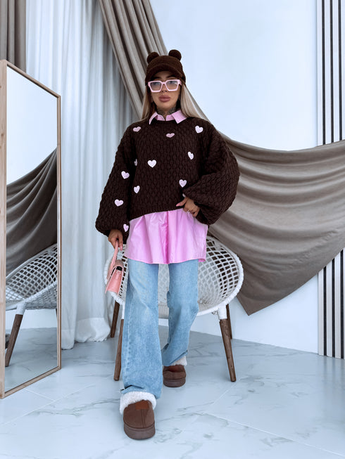Knitted Sweater "CHOCOLATEY LOVE 7102" – Choco & Pink PRE-ORDER